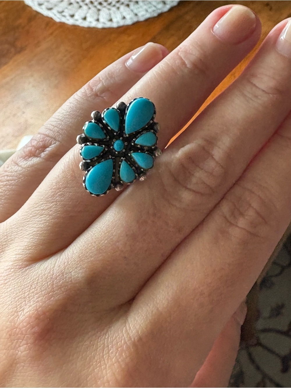 Vintage Zuni Petit Point Turquoise Cluster Sterling Silver Ring Size-7